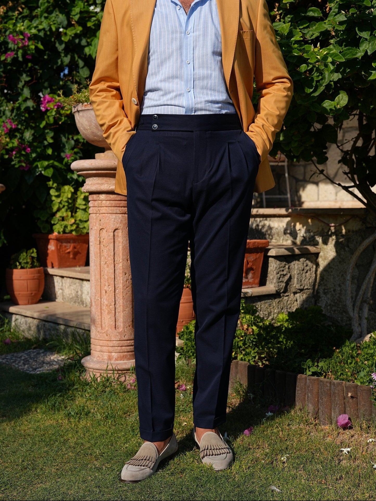 Navy Blue High Waist Pleated Buckle Pants - Regular Fit