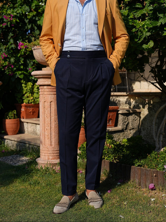 Navy Blue High Waist Pleated Buckle Pants - Regular Fit