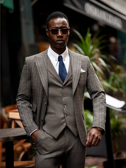 Brown Plaid Slim-Fit Suit 3-Piece VIOSSI