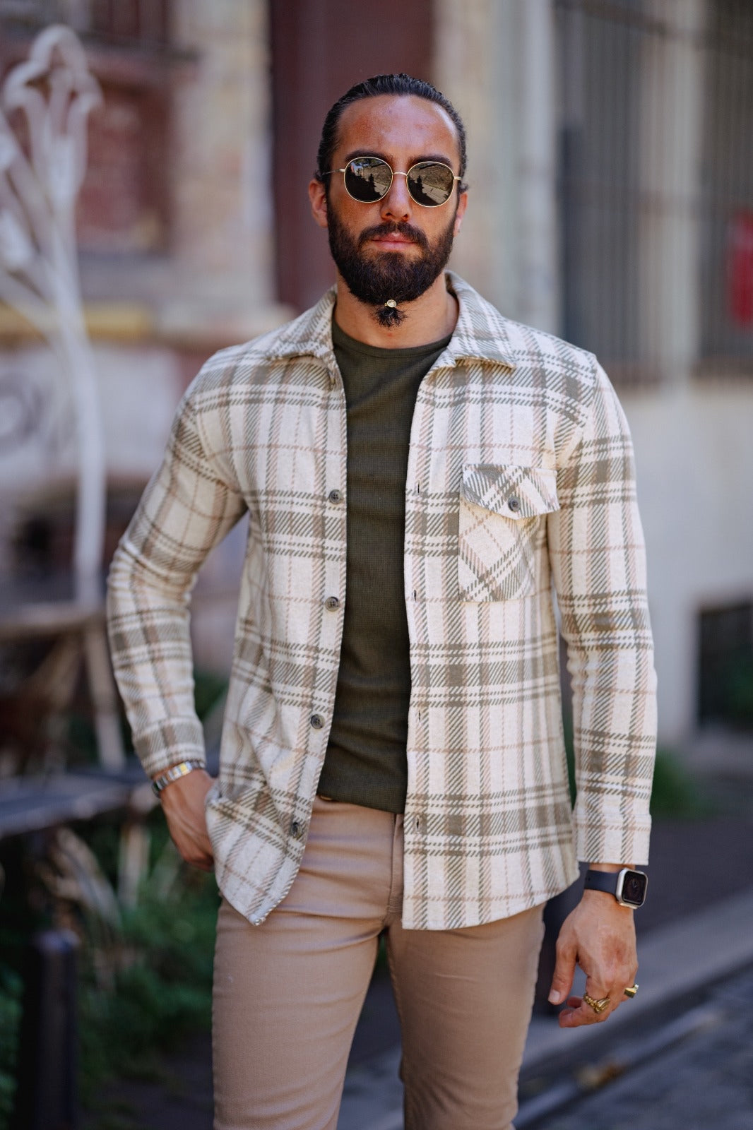 Brabion Paris Beige Green Slim Fit Plaid Shirt