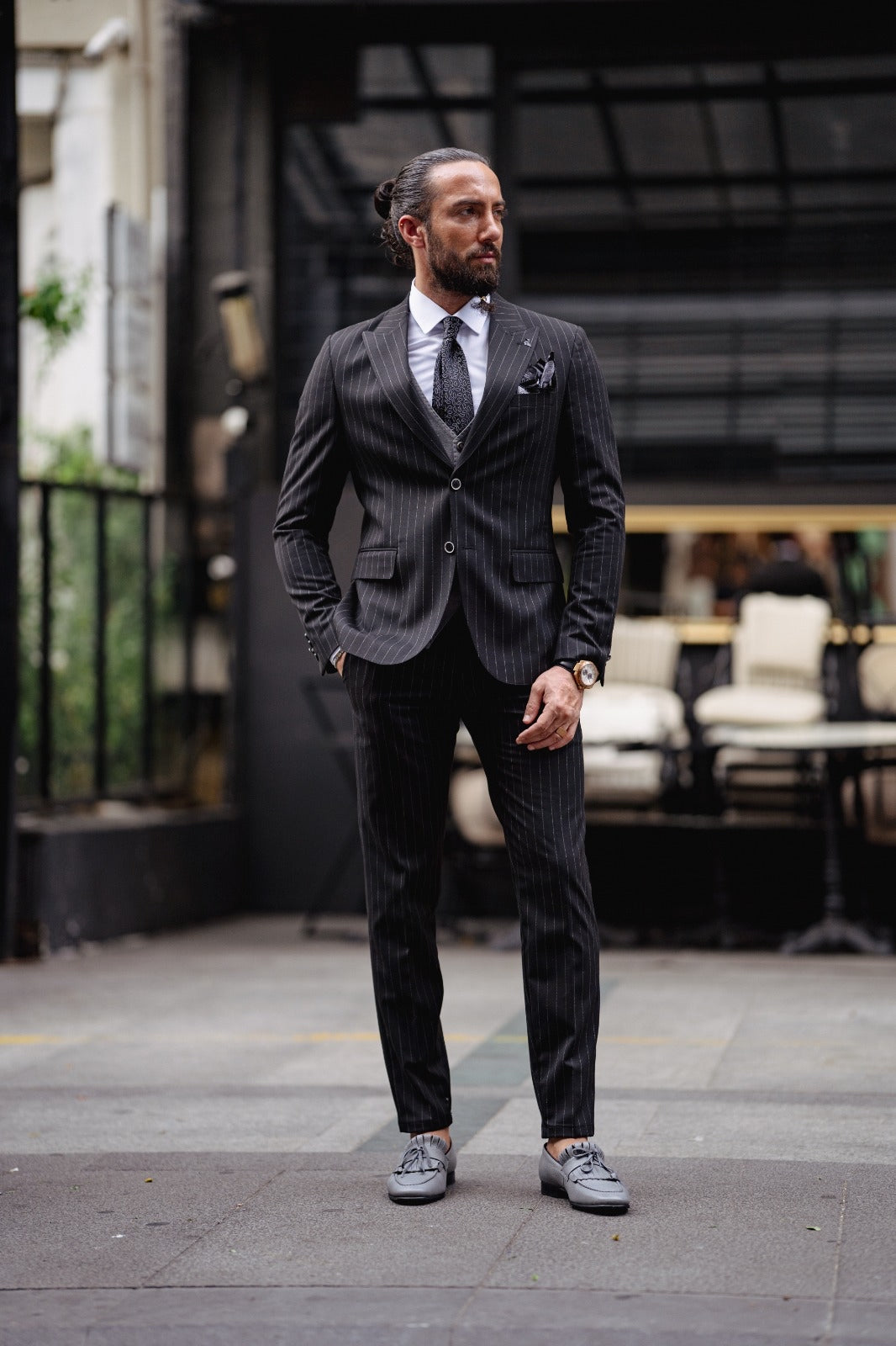 Paris Black Slim Fit Pinstripe Combination Suit