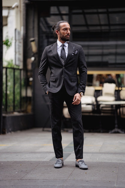 Paris Black Slim Fit Pinstripe Combination Suit