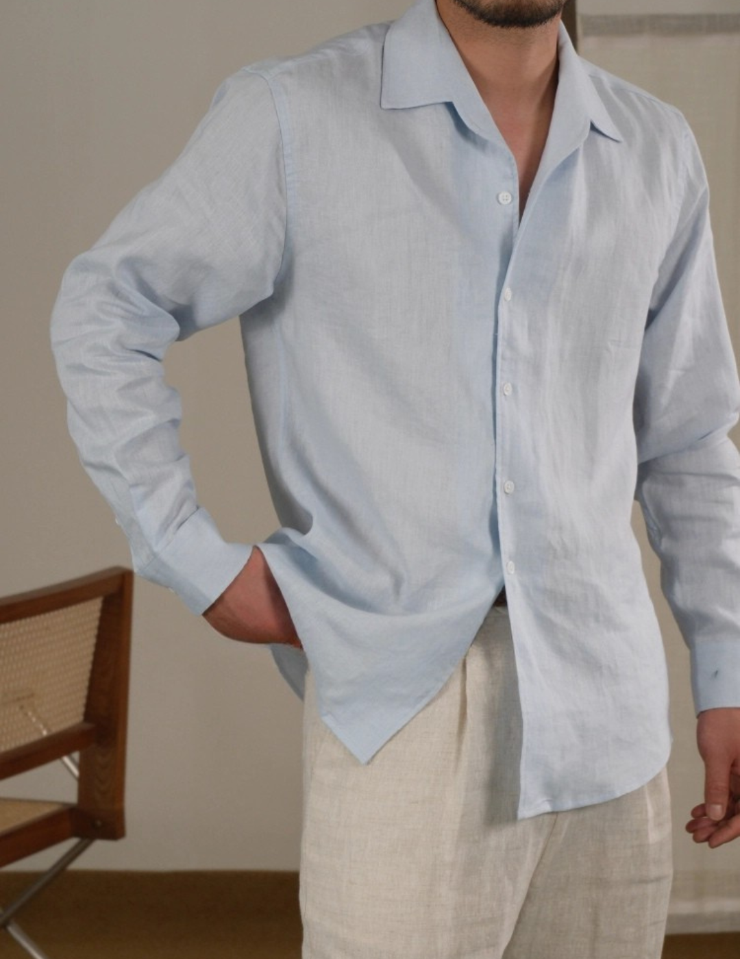 Men's Linen Cuban Collar Long Sleeve Shirt