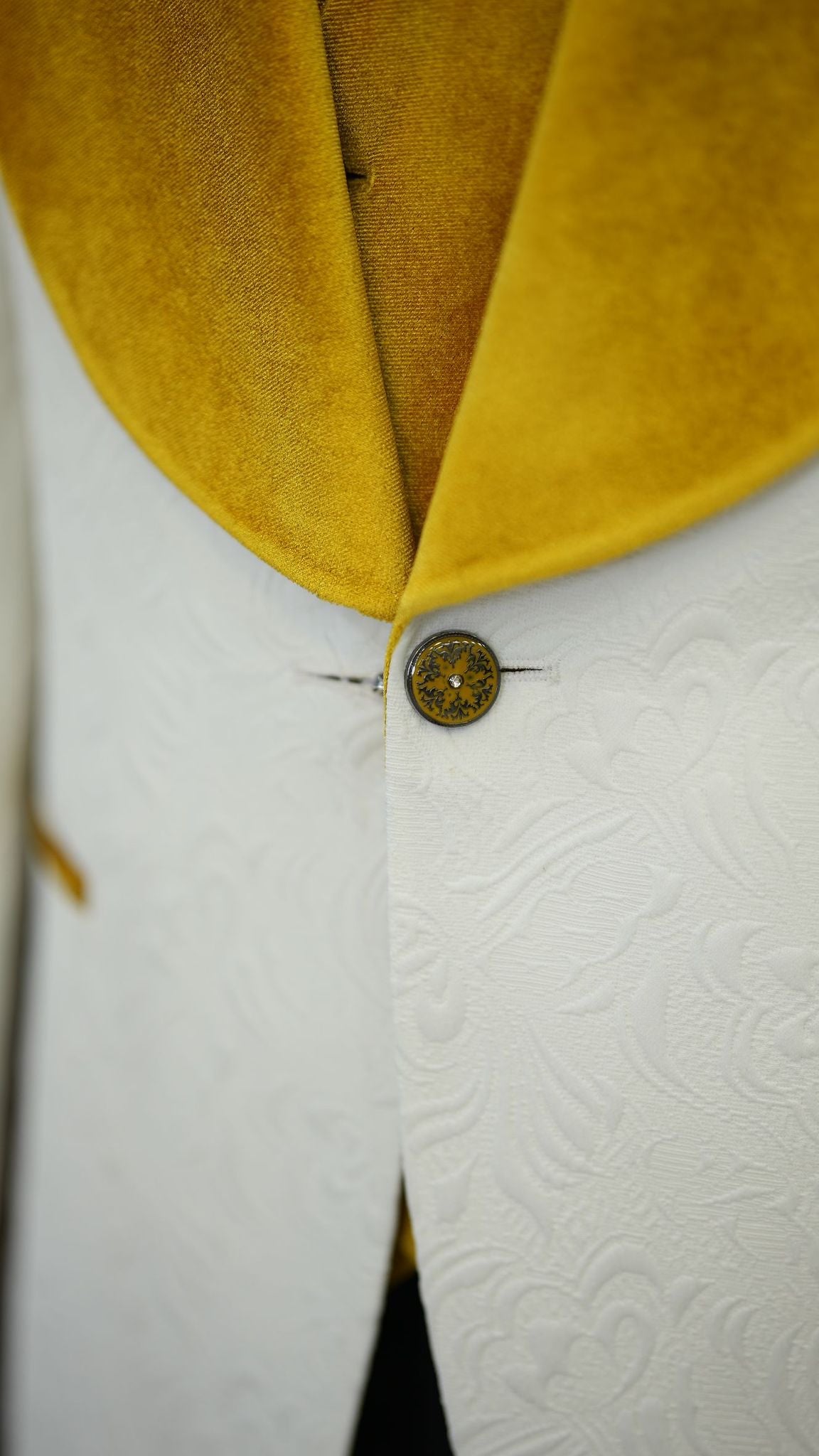 Fiore White Yellow Slim Fit Velvet Shawl Lapel Tuxedo - A Statement of Elegance