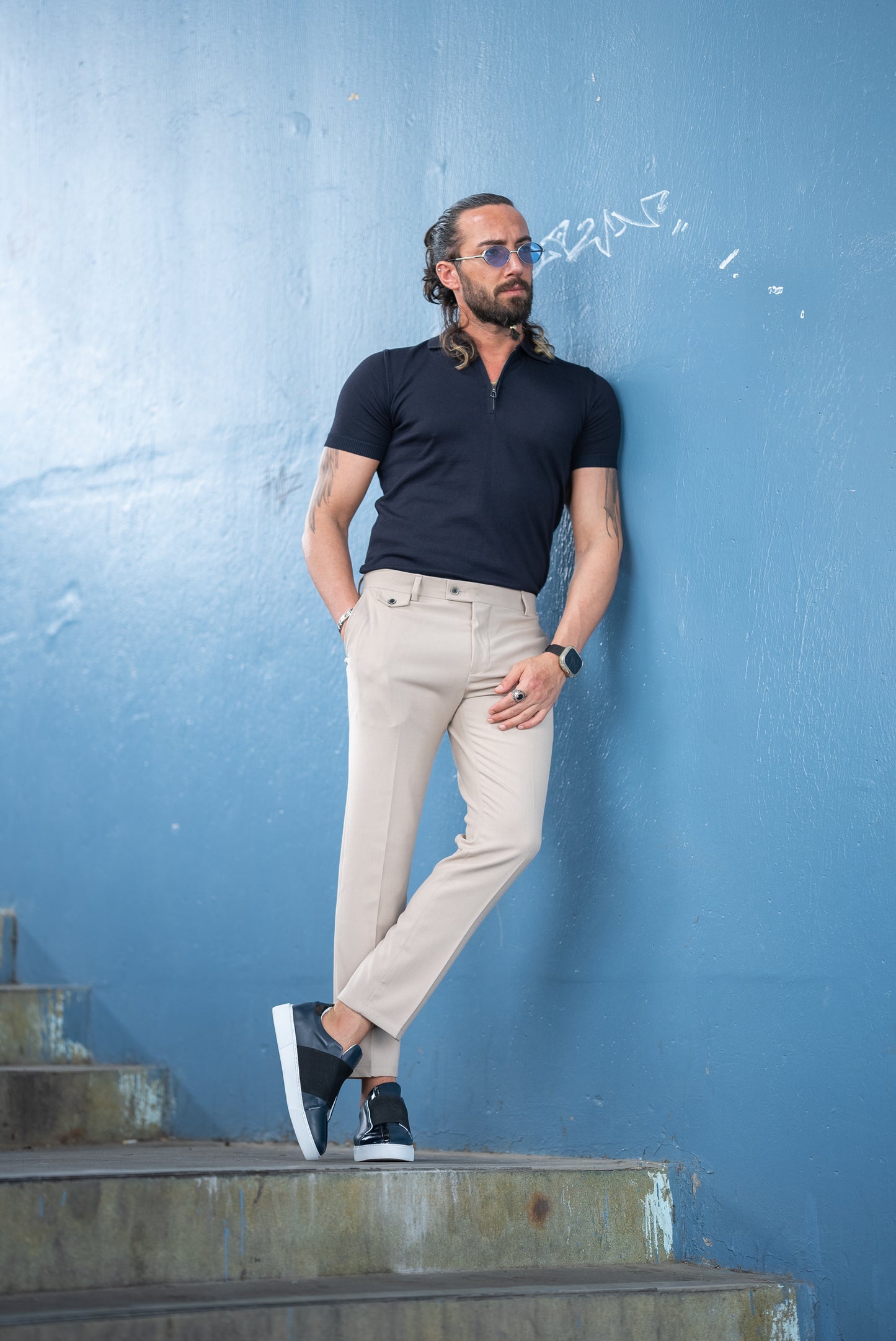 Brabion Tauris Navy Blue Slim Fit Zippers Polo Shirt