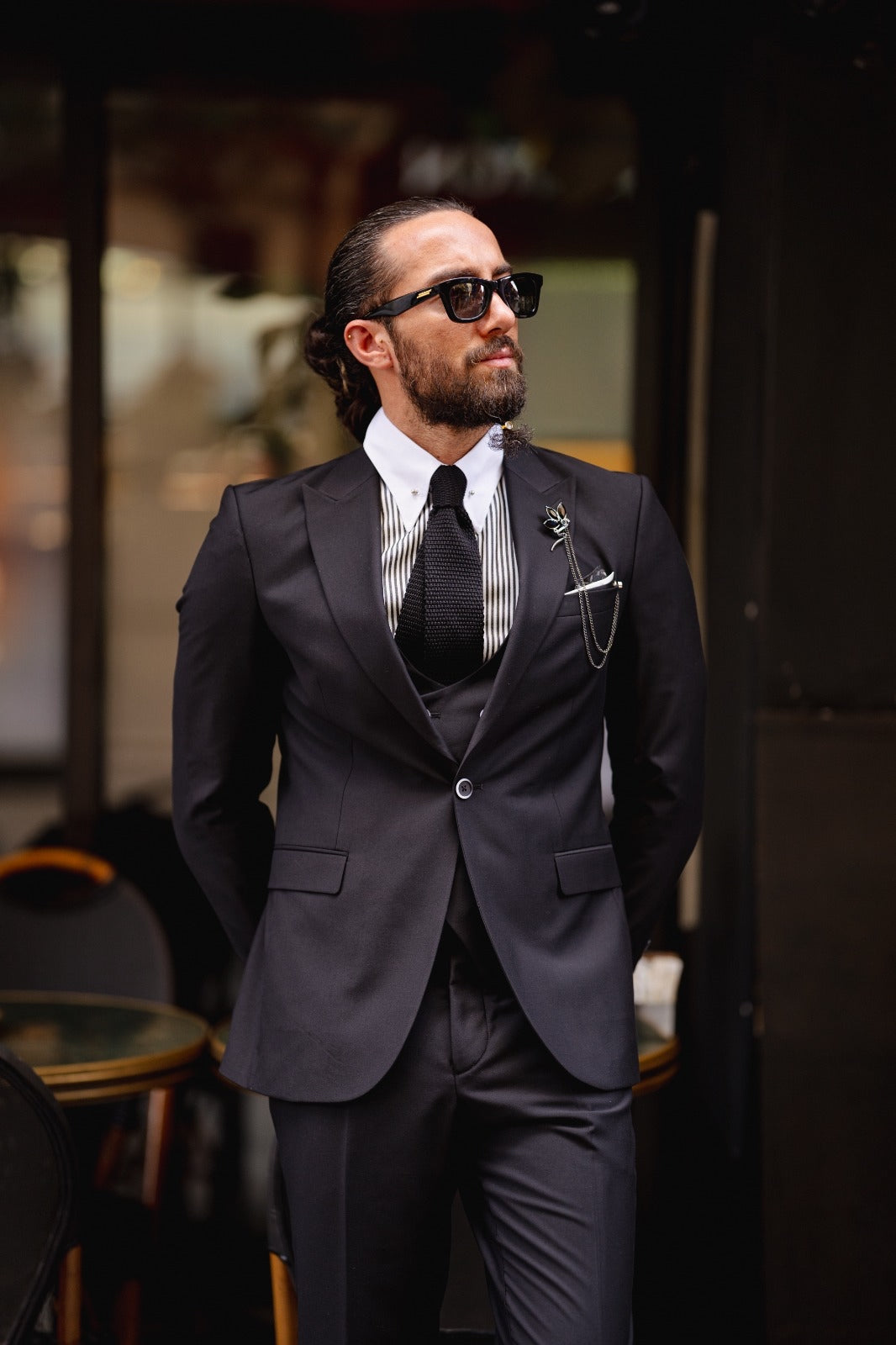 Ardean Black Slim Fit Peak Lapel 3 Piece Wool Suit