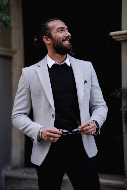 Paris Gray Slim Fit Striped Linen Blazer: The Perfect Blend of Style and Comfort
