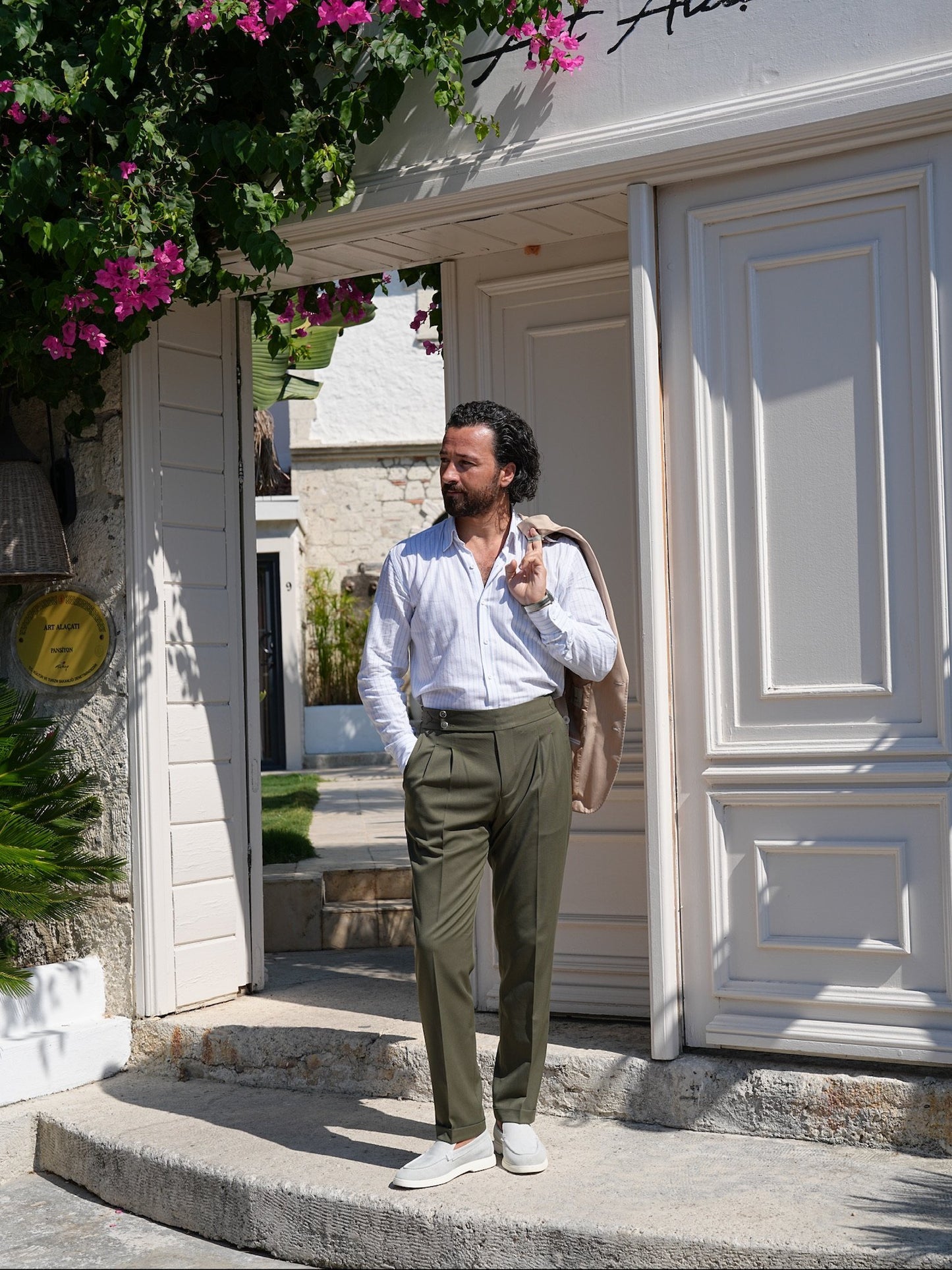 Khaki Green High Waist Pleated Buckle Pants - Regular Fit