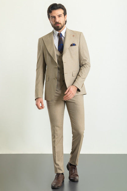 Brabion Rocco Beige Slim Fit Peak Lapel 3 Piece Suit