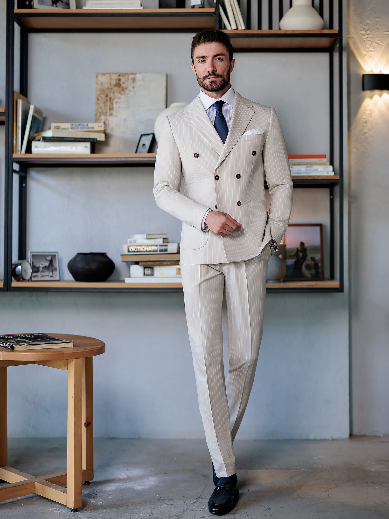 Beige Striped Double Breasted Suit 2-Piece VIOSSI
