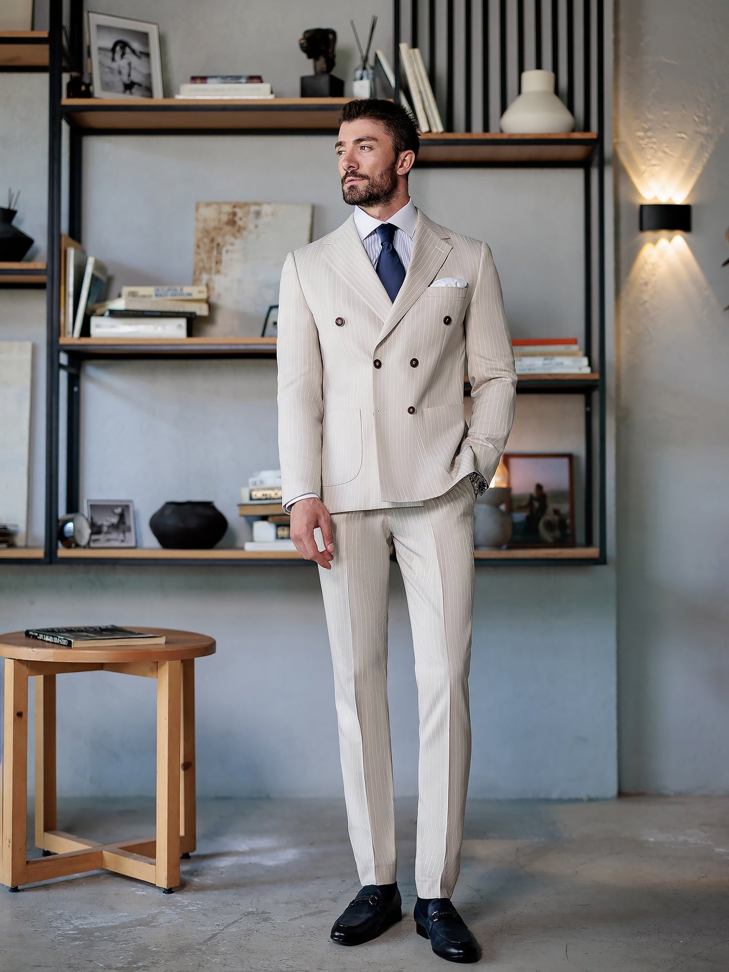 Beige Striped Double Breasted Suit 2-Piece VIOSSI