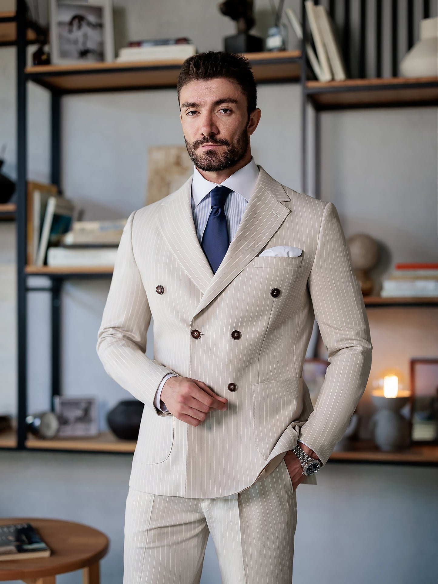Beige Striped Double Breasted Suit 2-Piece VIOSSI