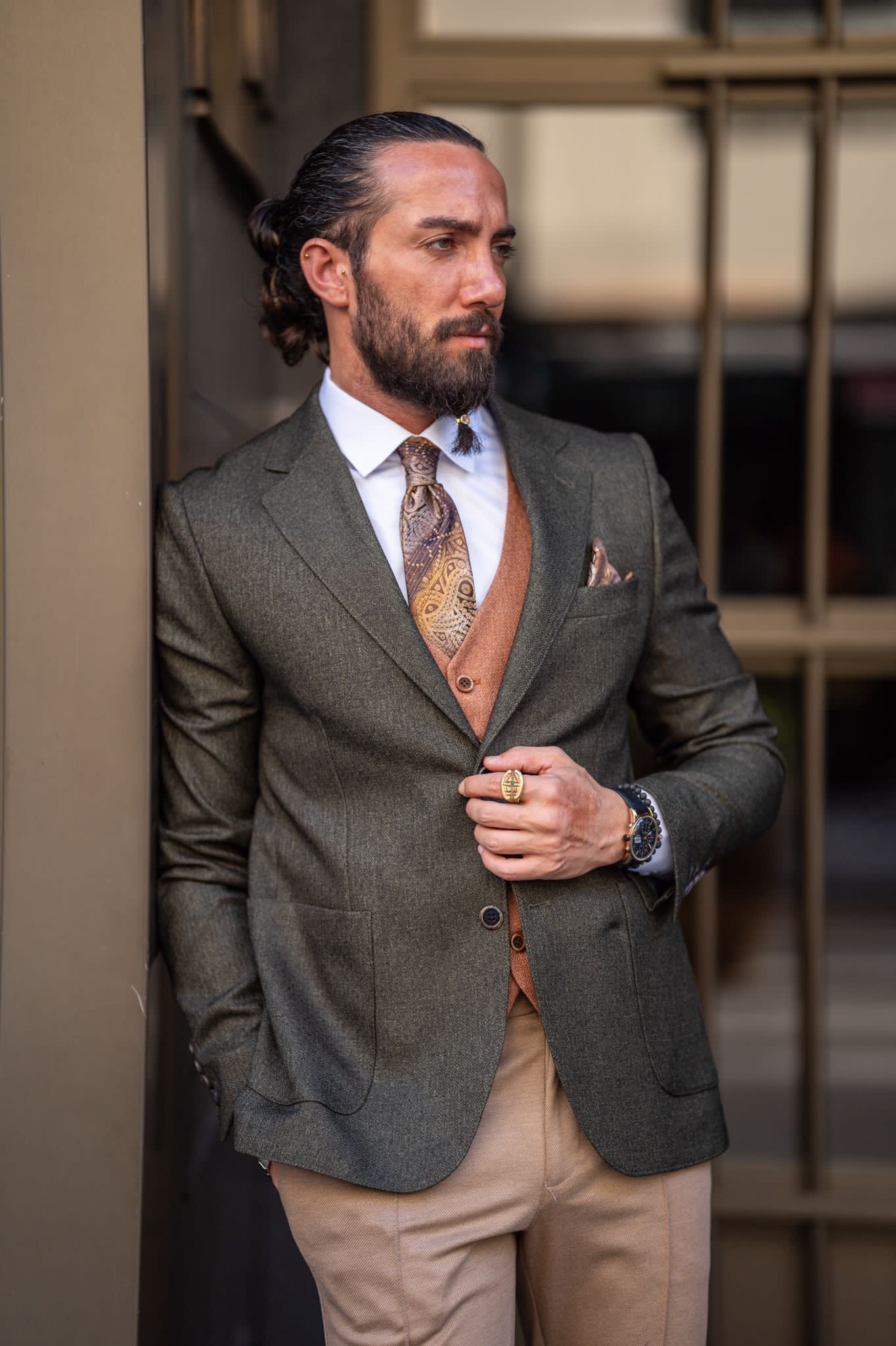 Ardean Khaki Slim Fit Notch Lapel 3 Piece Combination Suit