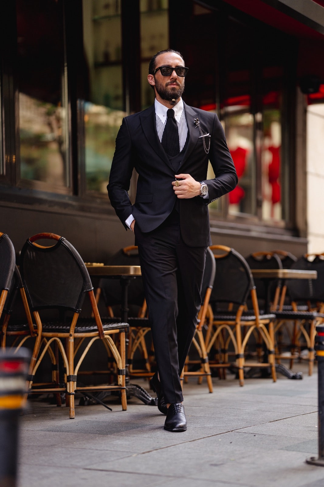 Ardean Black Slim Fit Peak Lapel 3 Piece Wool Suit