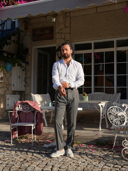 Gray High Waist Pleated Buckle Pants - Regular Fit