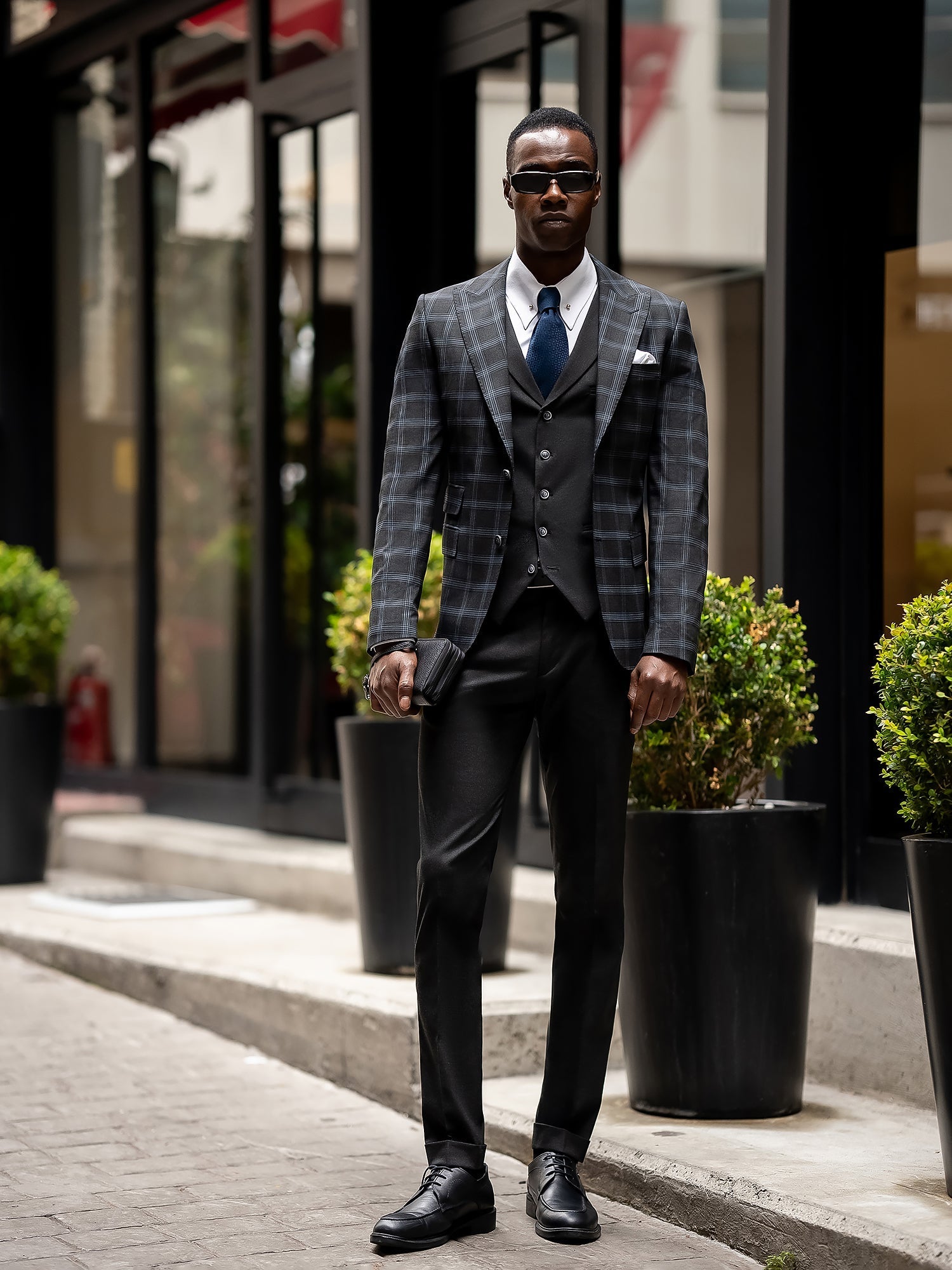 Dark Navy Plaid Slim-Fit Suit 3-Piece VIOSSI