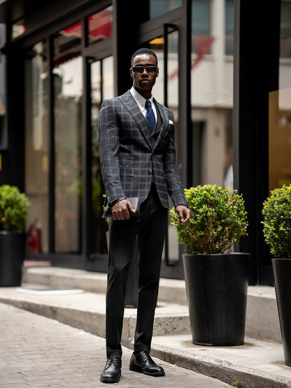 Dark Navy Plaid Slim-Fit Suit 3-Piece VIOSSI