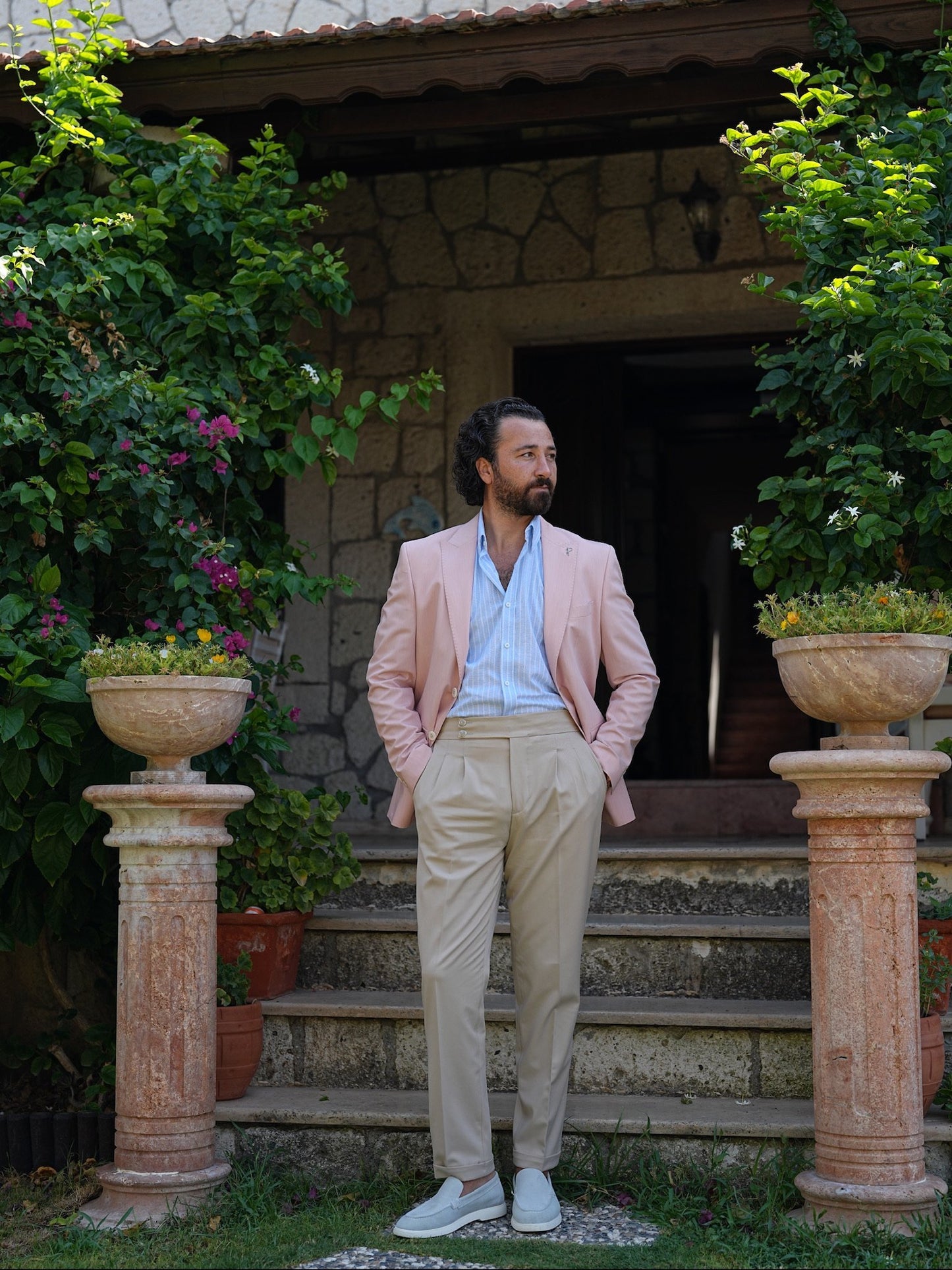 Cream Beige High Waist Pleated Buckle Pants - Regular Fit