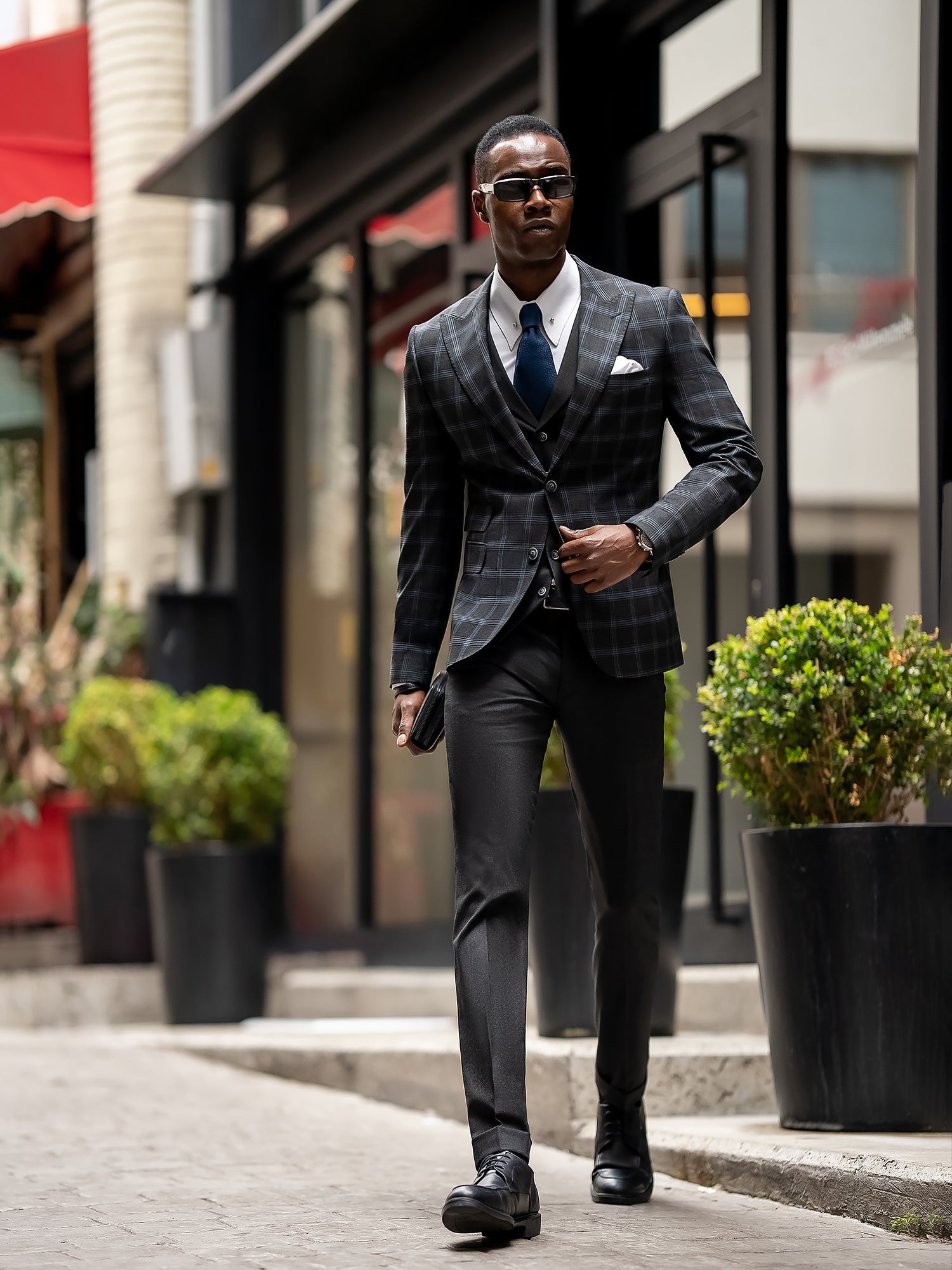Dark Navy Plaid Slim-Fit Suit 3-Piece VIOSSI