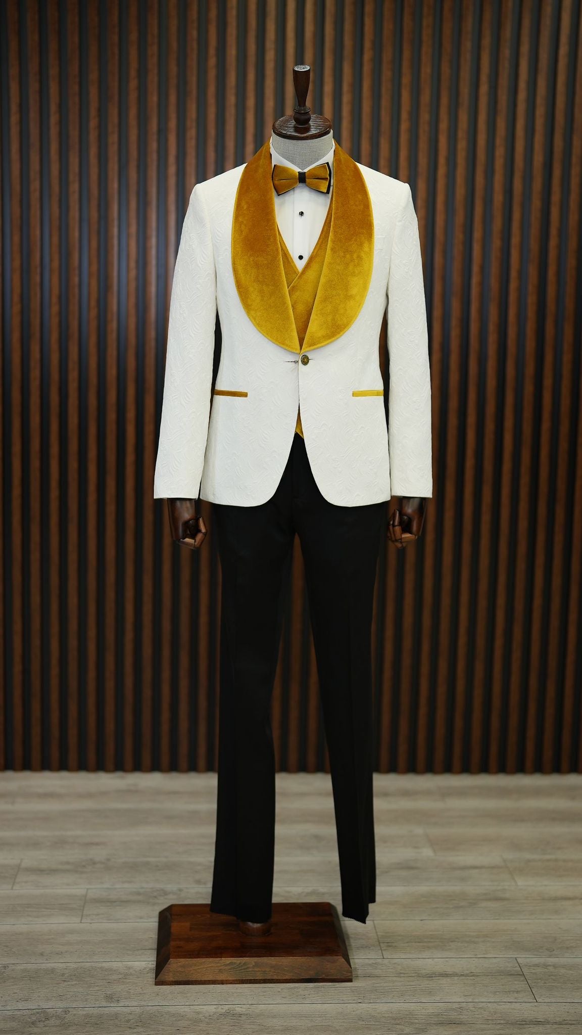 Fiore White Yellow Slim Fit Velvet Shawl Lapel Tuxedo - A Statement of Elegance