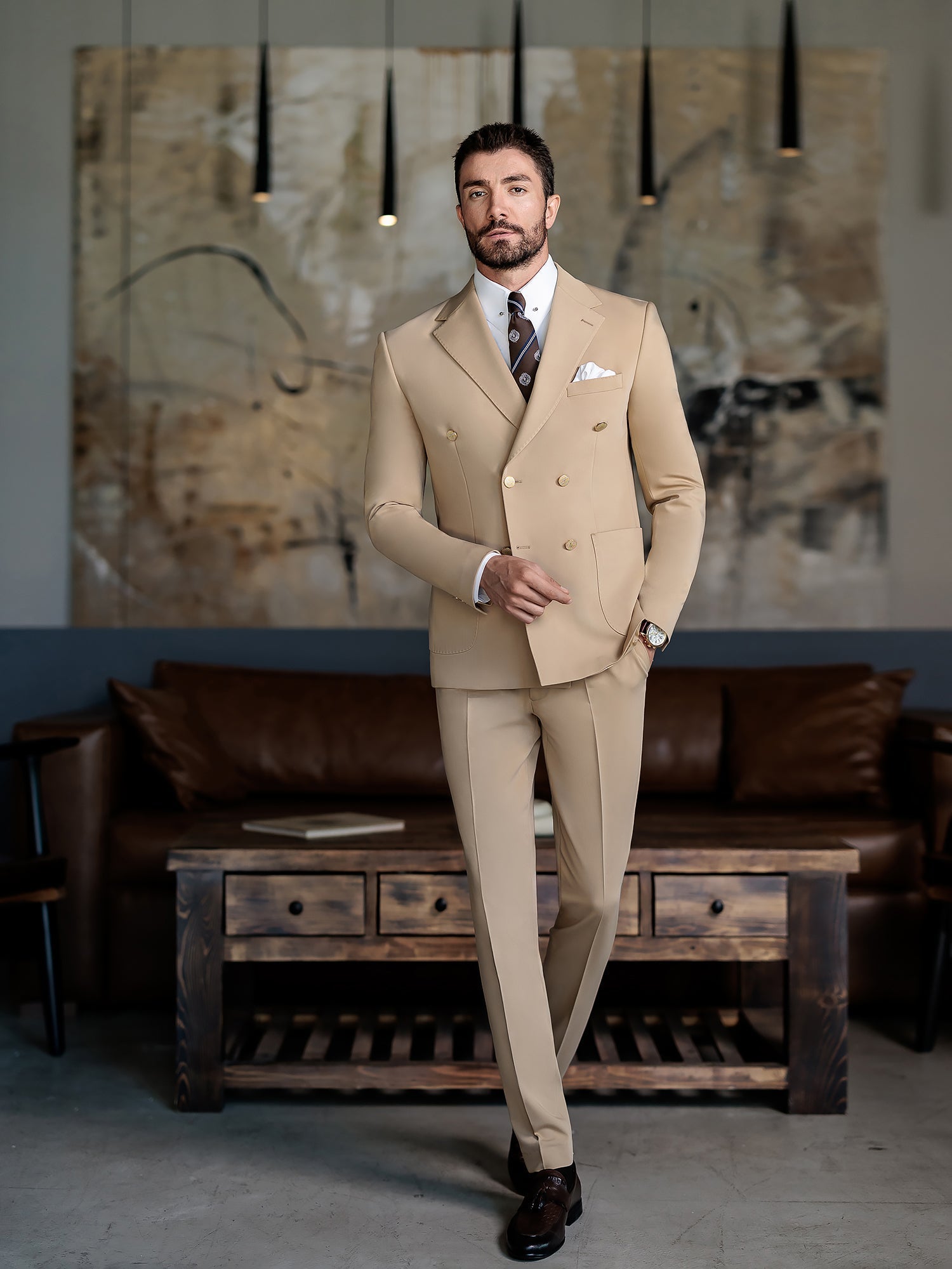 Camel Double Breasted Suit 2-Piece VIOSSI