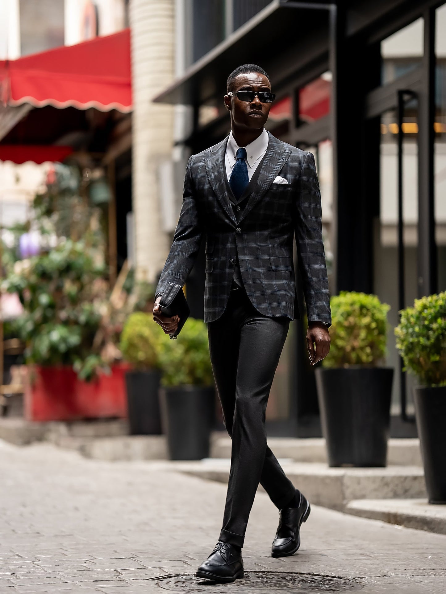 Dark Navy Plaid Slim-Fit Suit 3-Piece VIOSSI
