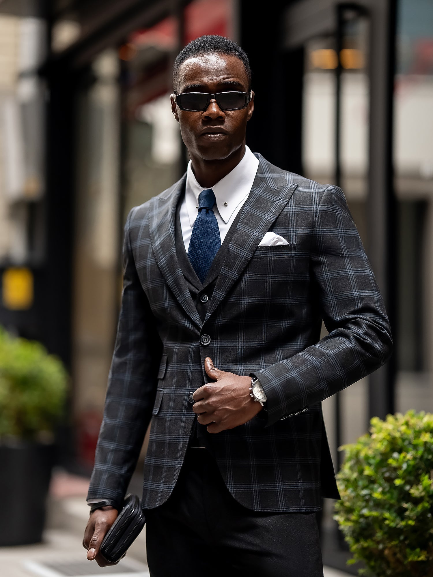 Dark Navy Plaid Slim-Fit Suit 3-Piece VIOSSI