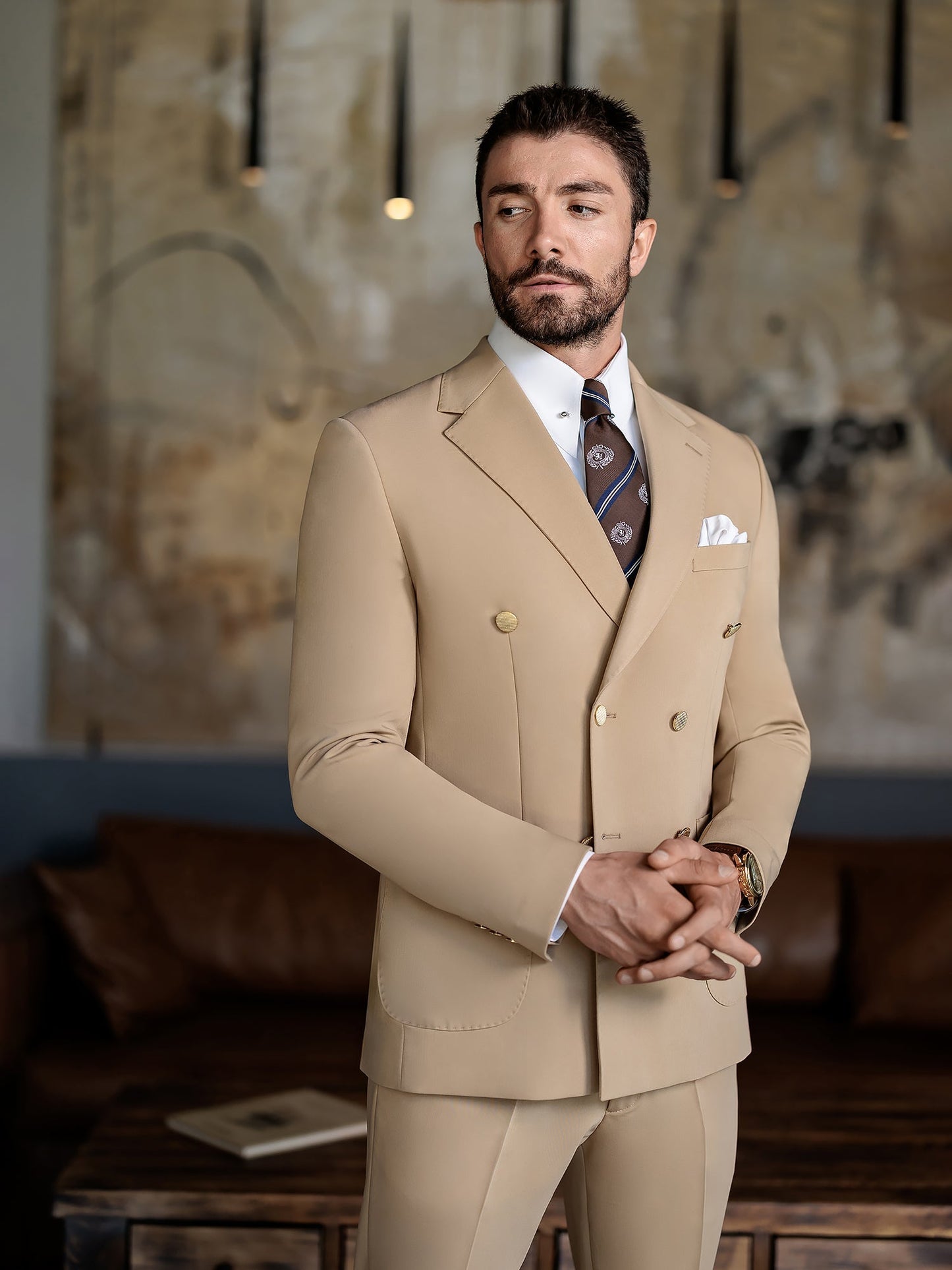 Camel Double Breasted Suit 2-Piece VIOSSI