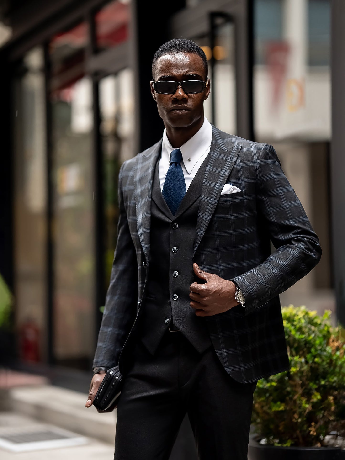 Dark Navy Plaid Slim-Fit Suit 3-Piece VIOSSI
