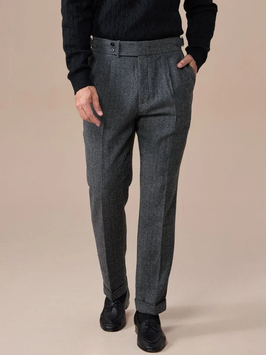 Men's Herringbone Wool Pleated Pants