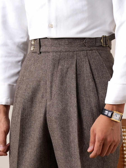 Men's Herringbone Wool Pleated Pants