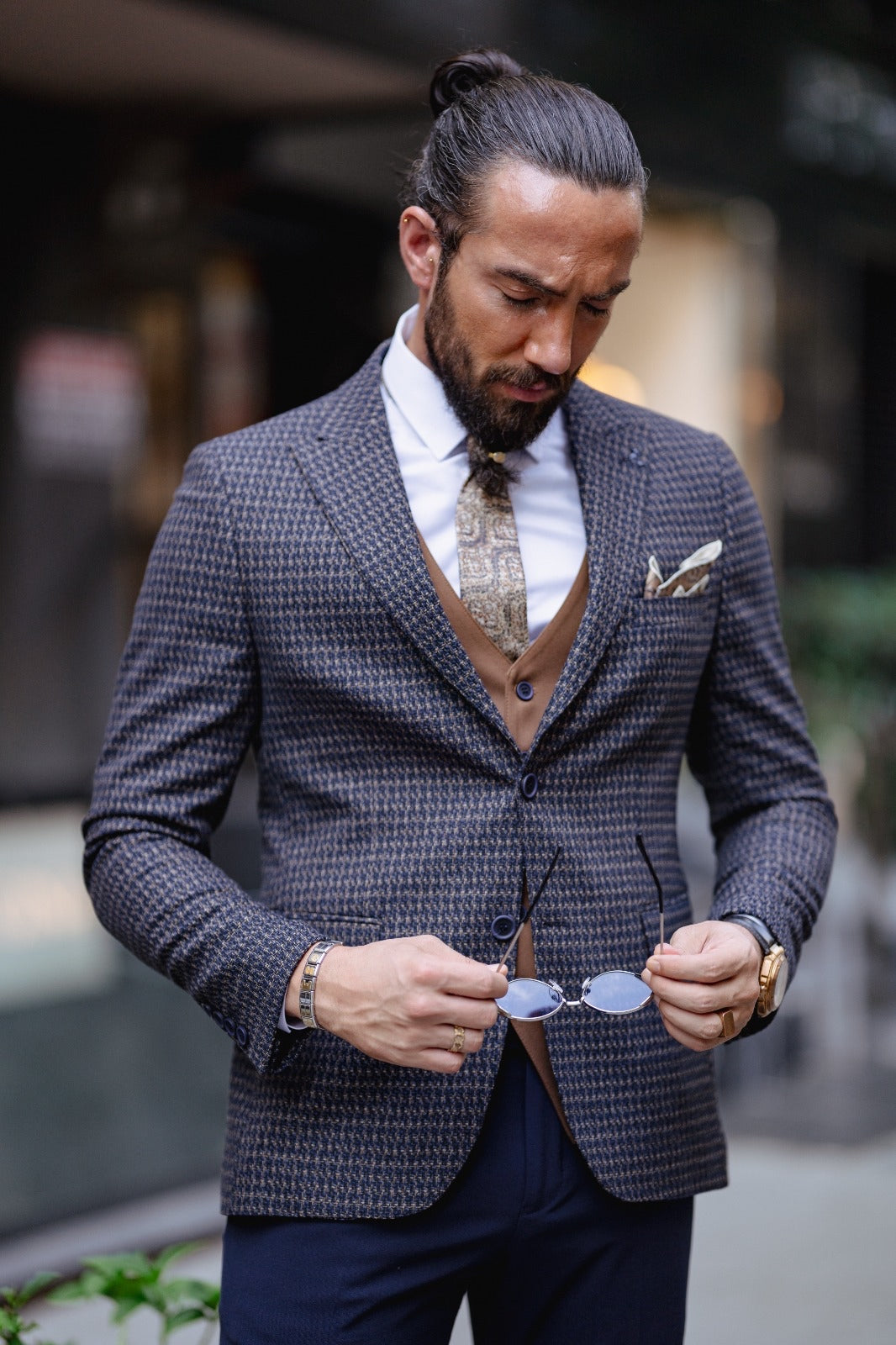 Paris Navy Blue Slim Fit Peak Lapel 3 Piece Combined Suit