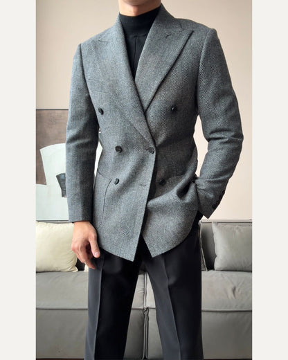 Men’s Retro Herringbone Double-Breasted Blazer