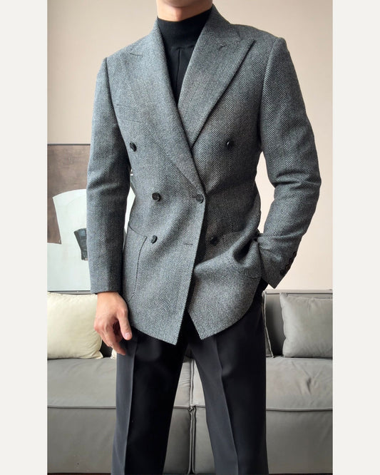 Men’s Retro Herringbone Double-Breasted Blazer