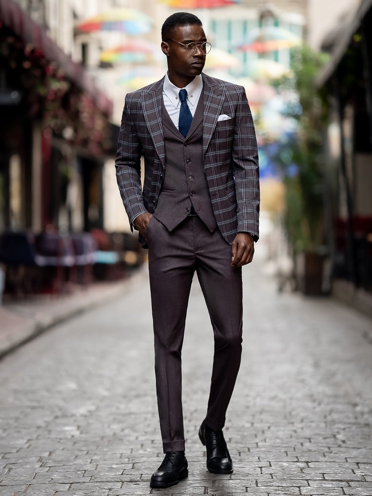 Bordeaux Plaid Slim-Fit Suit 3-Piece VIOSSI