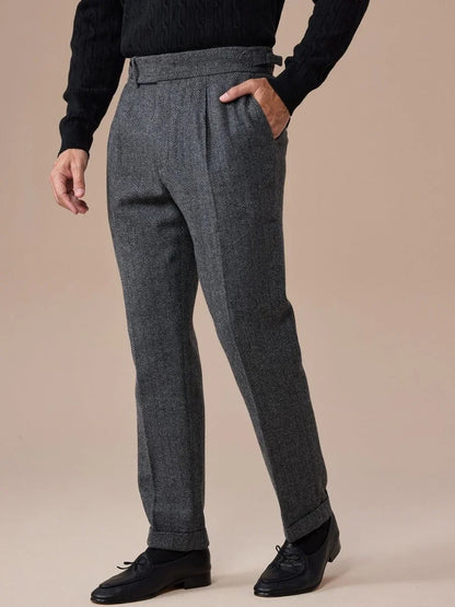 Men's Herringbone Wool Pleated Pants