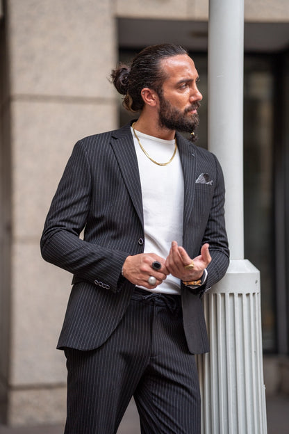 Ardean Black Slim Fit Notch Lapel Pinstripe Suit