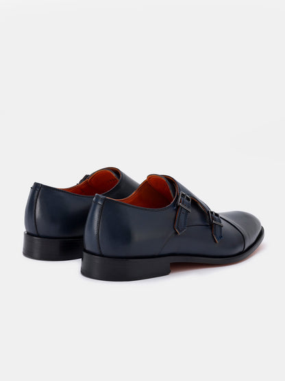 Navy Leather Double Monk Strap Shoes VIOSSI