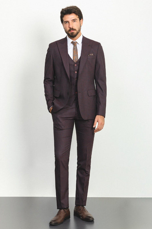 Brabion Rocco Burgundy Slim Fit Peak Lapel 3 Piece Check Suit