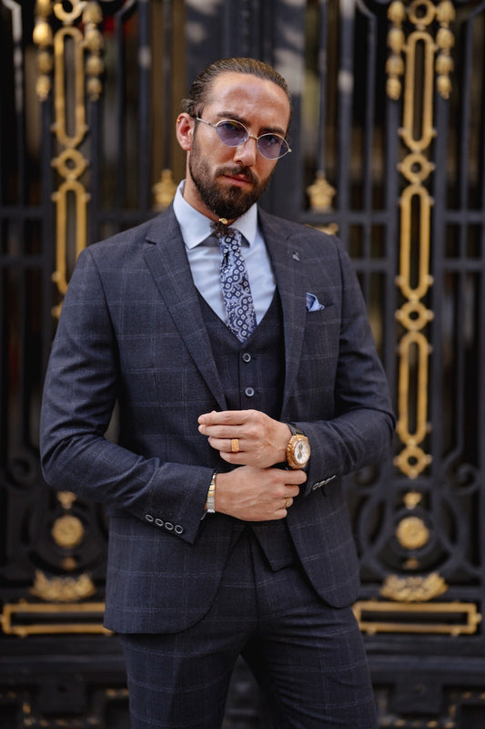 Paris Navy Blue Slim Fit Notch Lapel 3 Piece Check Suit