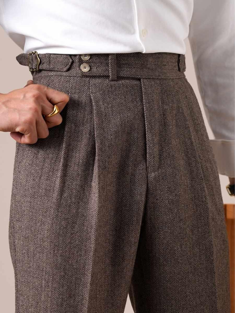 Men's Herringbone Wool Pleated Pants