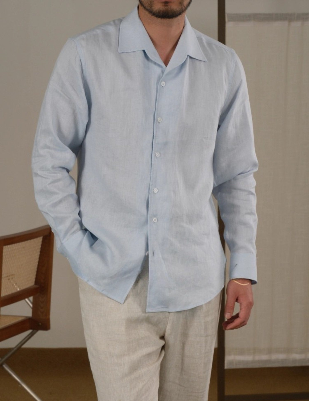 Men's Linen Cuban Collar Long Sleeve Shirt