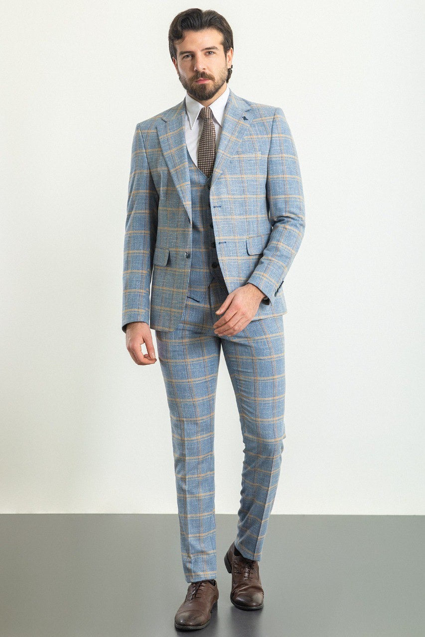 Brabion Rocco Blue Slim Fit Notch Lapel 3 Piece Plaid Suit