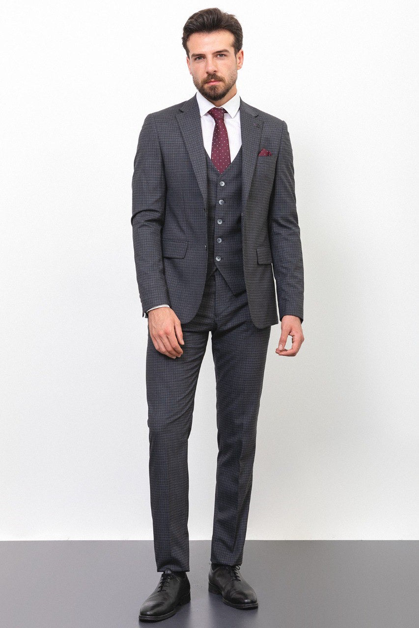 Brabion Rocco Dark Gray Slim Fit Peak Lapel 3 Piece Check Suit