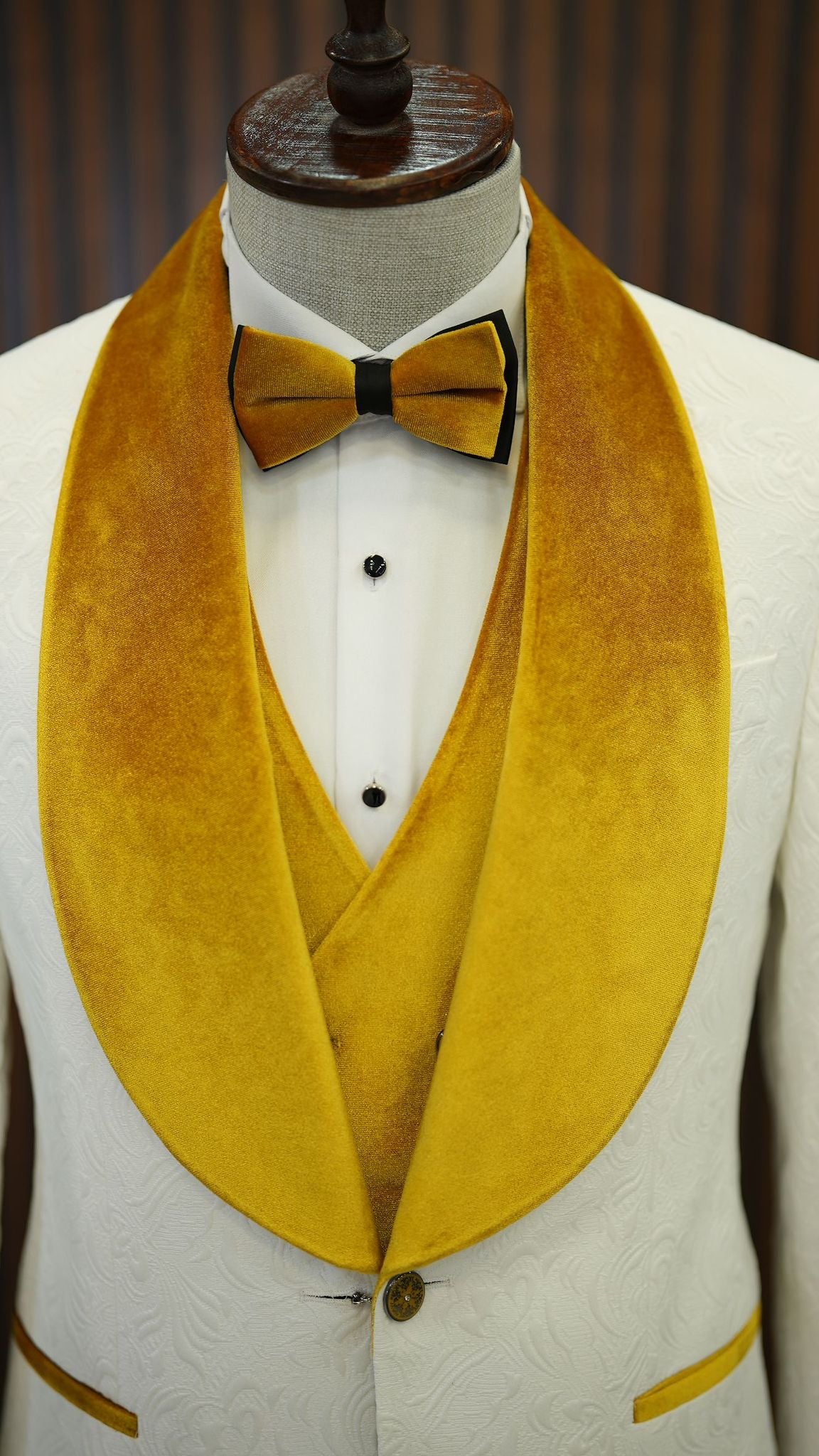 Fiore White Yellow Slim Fit Velvet Shawl Lapel Tuxedo - A Statement of Elegance