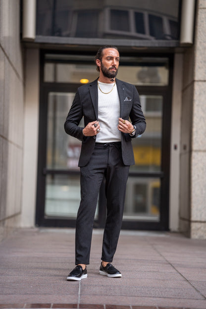 Ardean Black Slim Fit Notch Lapel Pinstripe Suit