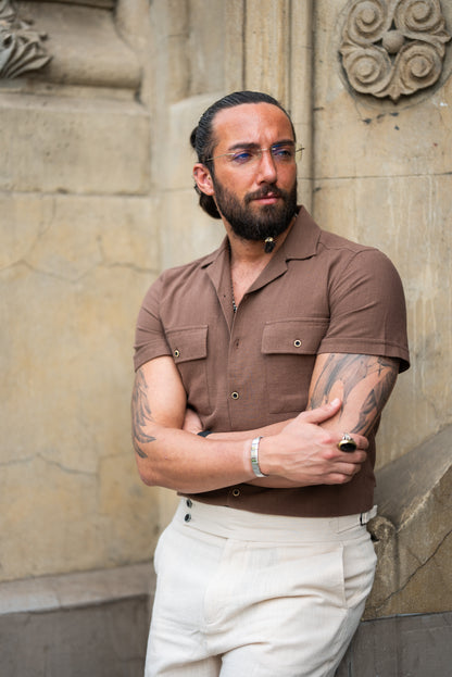 Brabion Maison Brown Slim Fit Textured Cotton Shirt