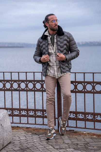 Brabion Gray Slim Fit Fur Coat