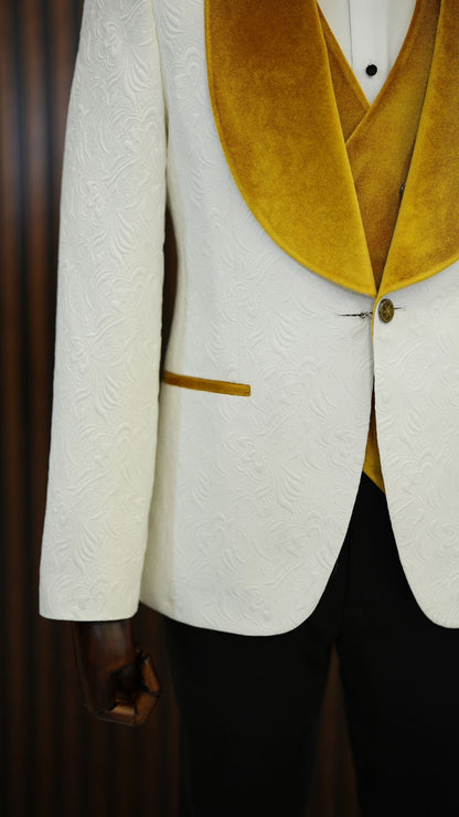 Fiore White Yellow Slim Fit Velvet Shawl Lapel Tuxedo - A Statement of Elegance
