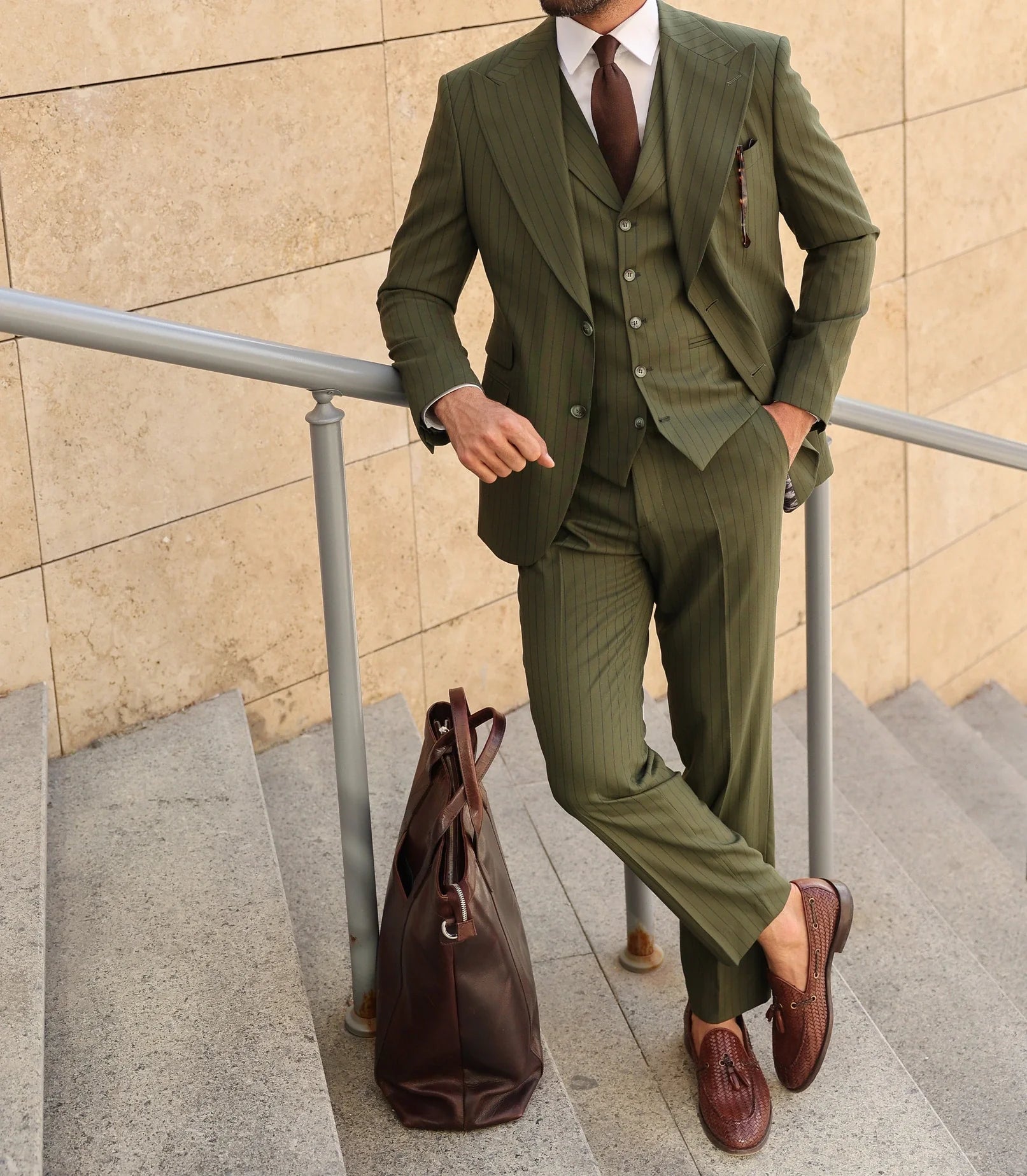 Khaki Striped Slim-Fit Suit 3-Piece VIOSSI